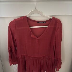Doe & Rae Red Peplum Blouse with Mandarin Collar